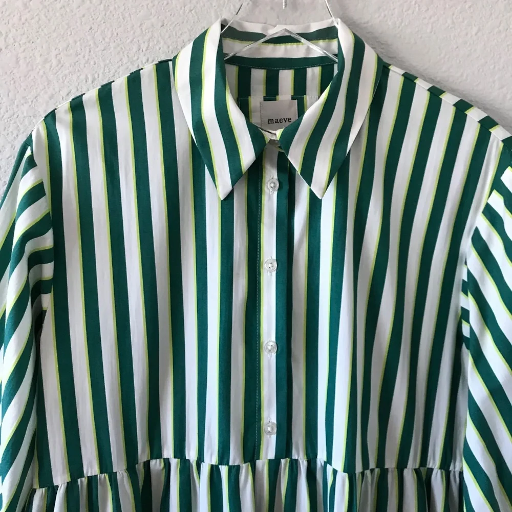 Maeve Anthropologie The Bettina Size S Tiered Striped Cotton Midi Shirt Dress - Picture 6 of 11